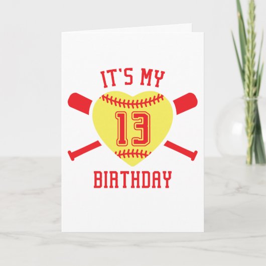 Carte Fête des 13 ans Heart Softball Anniversaire (Devant)
