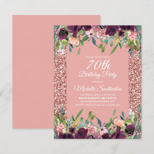 Carte Fête des 70 ans Fleurs Violettes Paillettes Roses