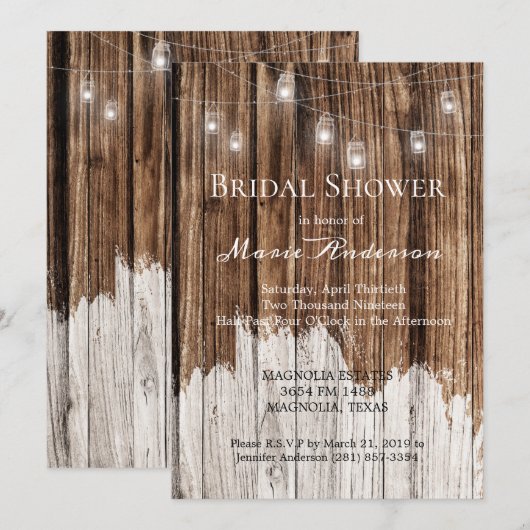 Carte Fête des mariées en bois rustique et lanternes (Devant / Derrière)