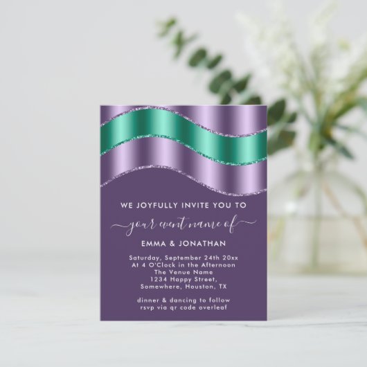 Carte Fête des mariées Mariage de code QR violet Emerald (Debout devant)