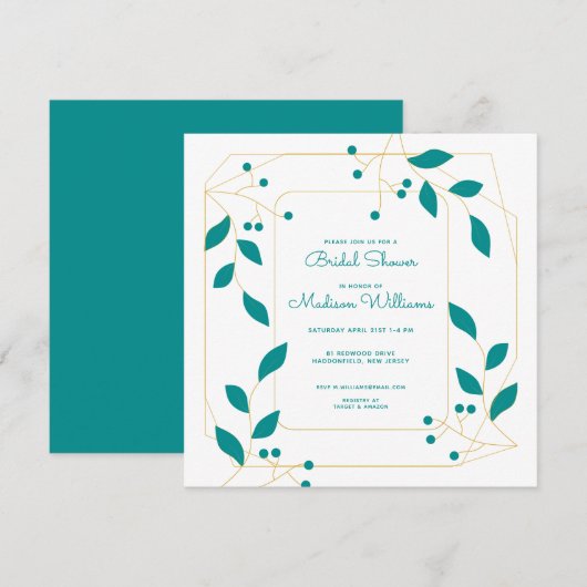 Carte FÊTE DES MARIÉES Turquoise & or Floral (Devant / Derrière)