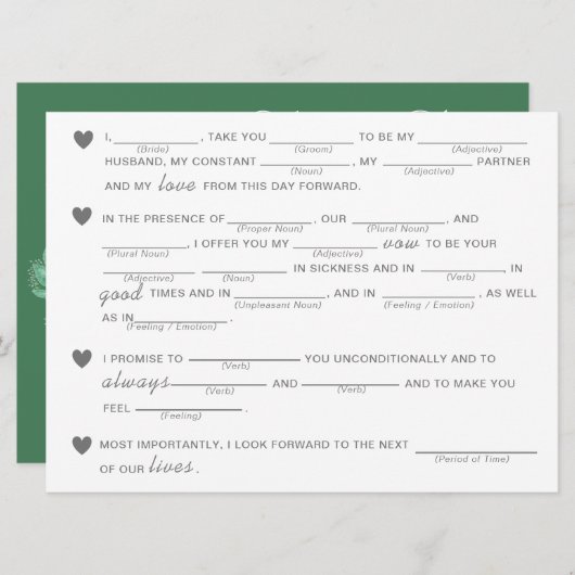 Carte Fête des mariées Vows jeu d'improvisation - Vert (Devant / Derrière)