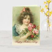 Carte Fête des mères de la petite fille aux roses roses  (Fleur jaune)