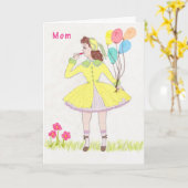 Carte Fête des Mères, Dessin rétros de Jeune Fille (Fleur jaune)