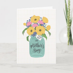 Carte Fête des Mères Épouse avec un pot Mason de fleurs 