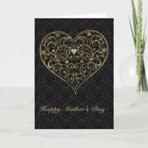 Carte Fête des Mères et du Coeur Floral Noir et Or