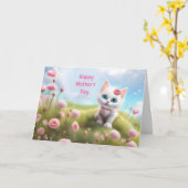 Carte Fête des mères Général avec Cute White Kitten (Fleur jaune)