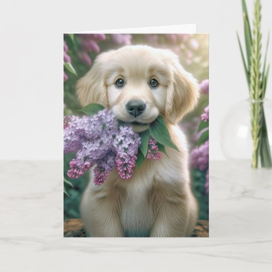 Carte Fête des Mères Golden Retriever Puppy with Lilacs (Devant)