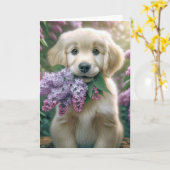 Carte Fête des Mères Golden Retriever Puppy with Lilacs (Fleur jaune)