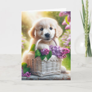 Carte Fête des Mères Golden Retriever Puppy with Lilacs