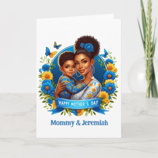 Carte Fête des mères Maman & Fils Bleu/Jaune (Devant)