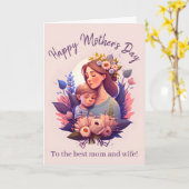 Carte Fête des Mères, mère et fils heureux (Fleur jaune)