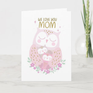 Carte Fête des Mères Mignons Hiboux Rose Pastel Violet