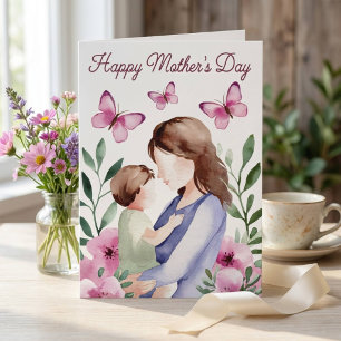 Carte Fête des Mères Papillon Floral Rose Aquarelle
