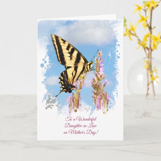 Carte Fête des mères pour la fille en droit Papillon art (Fleur jaune)