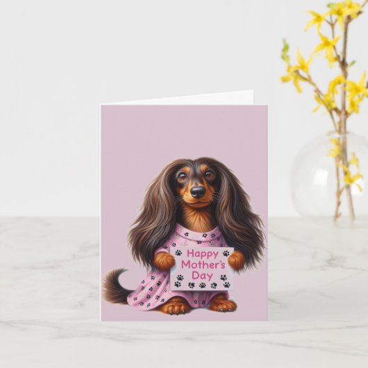 Carte Fête des Mères Teckel Cheveux Longs (Fleur jaune)