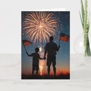 Carte Fête des pères avec Fireworks et drapeaux américai