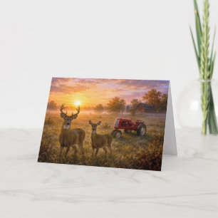 Carte Fête des Pères Cerf de Virginie et Tracteur Rouge