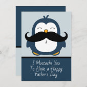 Carte Fête des pères de Mustache Penguin | Bleu (Devant / Derrière)