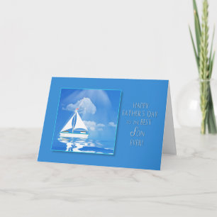 CARTE FÊTE DES PÈRES - FILS - BATEAU À VOILE - MER BLEUE