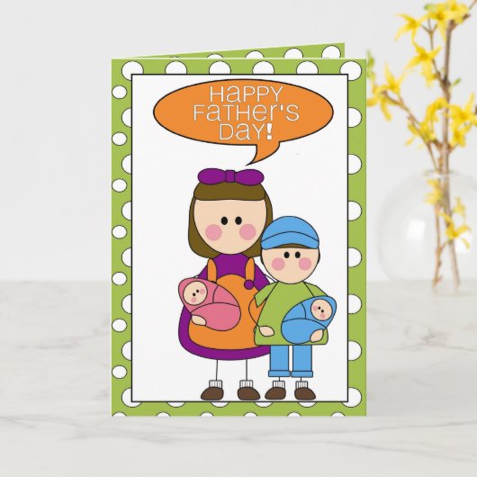 Carte fête des pères heureuse (garçon/fille/jumeaux) (Fleur jaune)