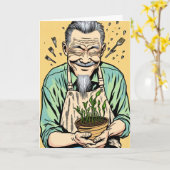 Carte Fête des pères mignonne | Papa asiatique tenant un (Fleur jaune)