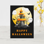 Carte Fête d'Halloween avec Maison hantée et Fantômes (Fleur jaune)
