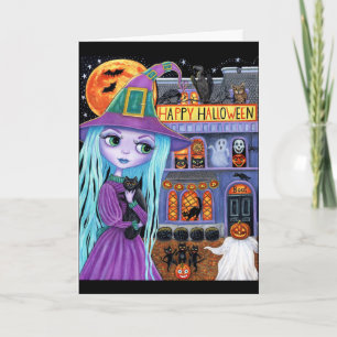 Carte Fête d'Halloween Chat Noir Sorcière Mignonne Maiso
