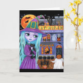 Carte Fête d'Halloween Maison Hantée Chat Noir Sorcière  (Fleur jaune)