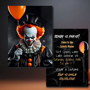 Carte Fête d'Halloween Terrifiant Clown tenant des ballo
