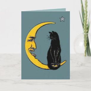 Carte Fête d'Halloween Vintage Lune & Chat Noir
