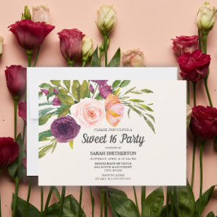 Carte Fête Douce 16 Florale Aquarelle Rose Foncé Violet