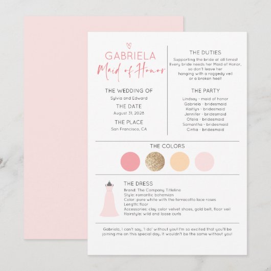 Carte Fête nuptiale, servante d'honneur Proposition et i (Devant / Derrière)