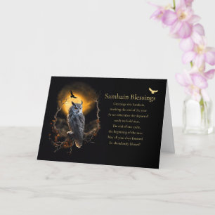 Carte Fête païenne de Samhain avec poème de chouette et