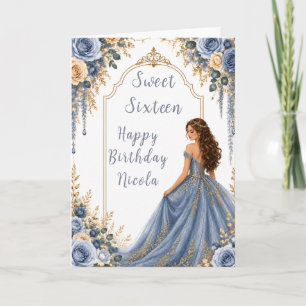 Carte Fête Sweet Sixteen Fleurs Or Bleu Poussiéreux