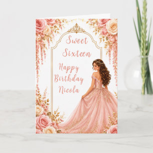 Carte Fête Sweet Sixteen Fleurs Rose Pâle Or