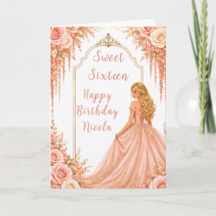 Carte Fête Sweet Sixteen Fleurs Rose Pâle Or