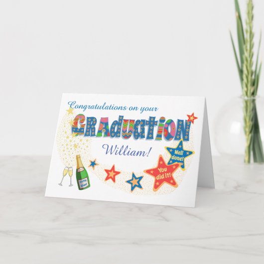 Carte Fêtes de graduation sur mesure Étoiles et champagn (Devant)