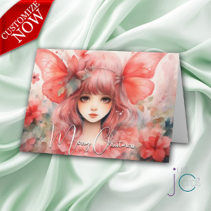 Carte Fêtes de Noël Pixie aux papillons rouges