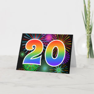 Carte Feu d'artifice coloré + Motif arc-en-ciel "20" Num