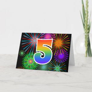Carte Feu d'artifice coloré + Motif arc-en-ciel "5" N° d