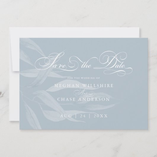 Carte Feuillage blanc moderne sur bleu Dusty (Devant)