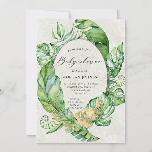 Carte feuillage d'or tropical baby shower élégant (Devant)