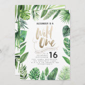 Carte Feuillage tropical + écriture or sauvage un annive (Devant / Derrière)