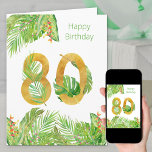 Carte Feuillage tropical Vert et or Gros 80e anniversair<br><div class="desc">Grande carte de 80ème anniversaire. Le design comporte un grand nombre de 80 en or texturé, entrelacé de feuilles tropicaux. A l'extérieur, il y a aussi une frontière de feuilles de palmiers, de feuilles de bananes, de feuilles de monastères et de fleurs tropicales colorées avec la mention "joyeux anniversaire". L'intérieur...</div>
