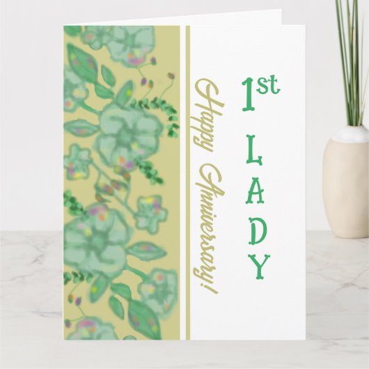 Carte Feuillage vert Floral Or 1ère Dame Anniversaire (Devant)