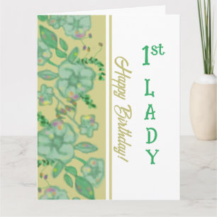 Carte Feuillage vert Or floral 1ère dame Anniversaire
