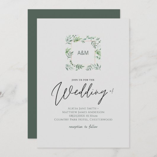 Carte Feuille de verdure simple écriture Mariage de styl (Devant / Derrière)