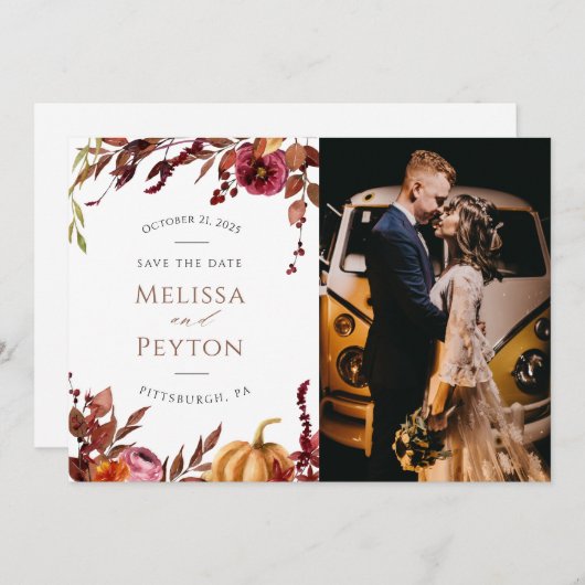 Carte Feuilles d'automne rustiques et Citrouille Enregis (Devant / Derrière)