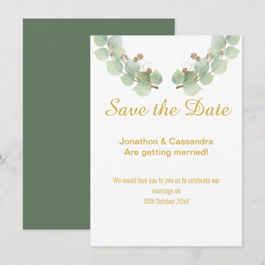 CARTE FEUILLES EUCALYPTUS ENREGISTRER LA DATE (Devant / Derrière)